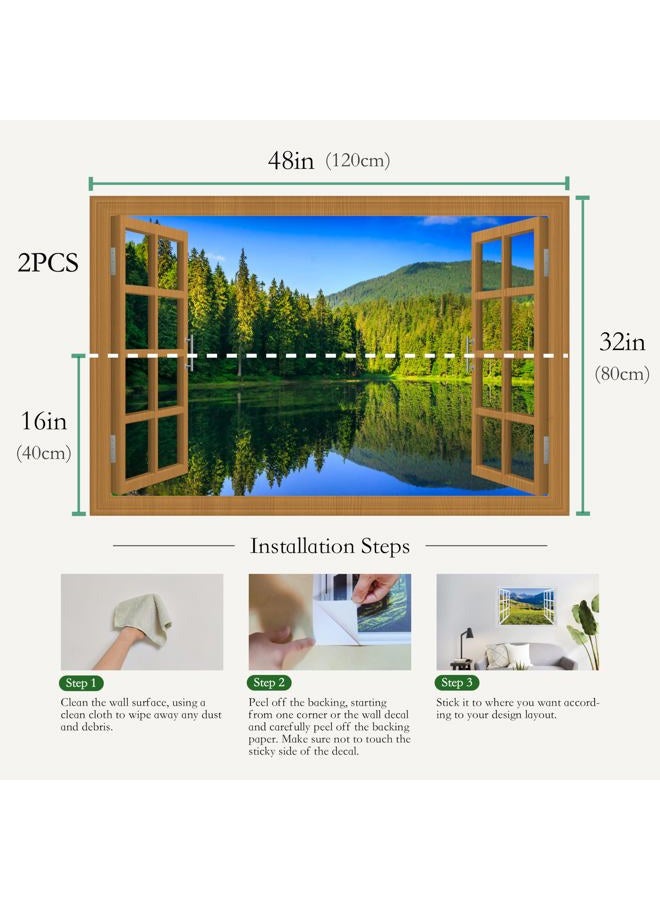 WRIGAEL Fake Window for Walls Faux Window Decal Windows Poster Picture Open Window Wall Art Decor, Stick and Peel Wallpaper Nature Wall Decol Forest Lake Scene Mural, 32"x48" - Image 2