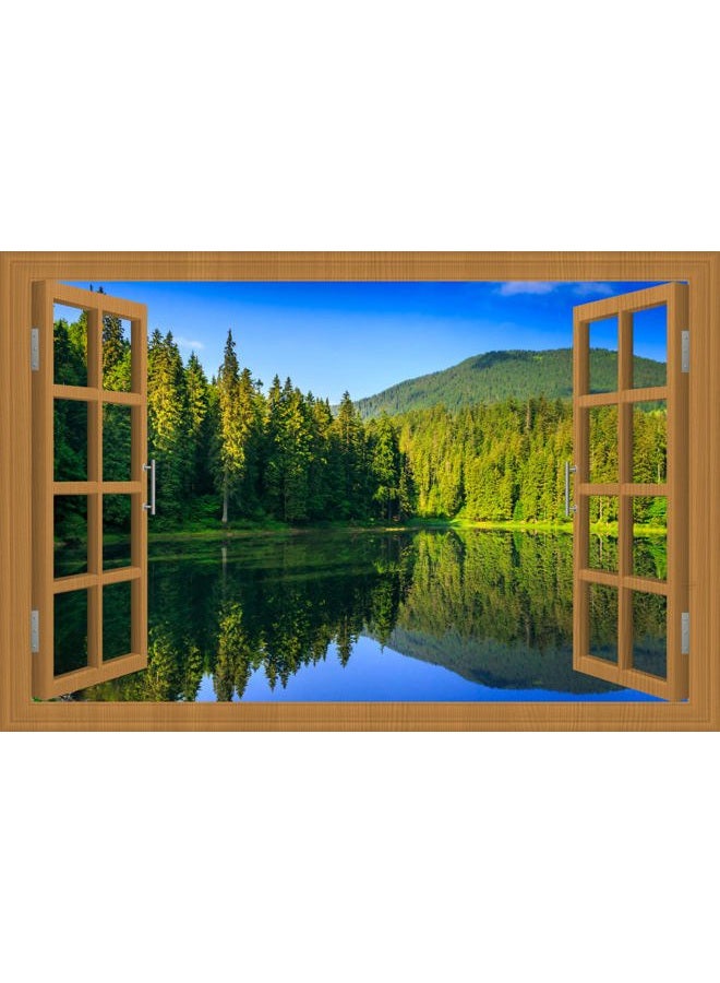 WRIGAEL Fake Window for Walls Faux Window Decal Windows Poster Picture Open Window Wall Art Decor, Stick and Peel Wallpaper Nature Wall Decol Forest Lake Scene Mural, 32"x48" - Image 1