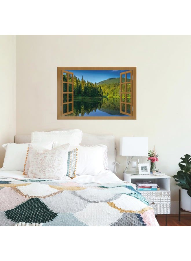 WRIGAEL Fake Window for Walls Faux Window Decal Windows Poster Picture Open Window Wall Art Decor, Stick and Peel Wallpaper Nature Wall Decol Forest Lake Scene Mural, 32"x48" - Image 4