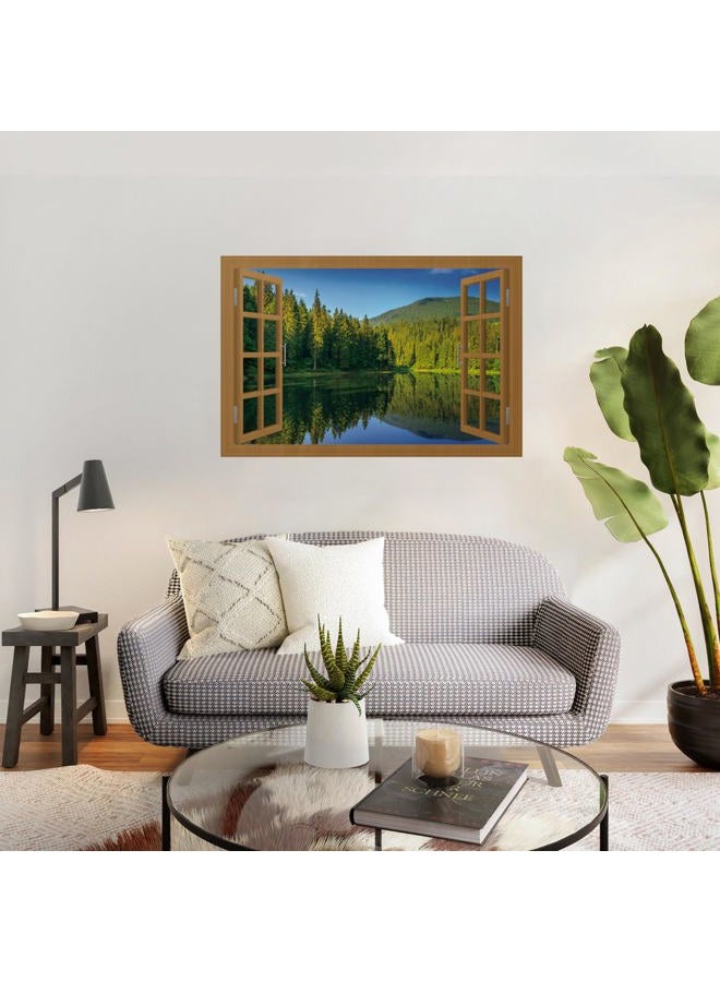 WRIGAEL Fake Window for Walls Faux Window Decal Windows Poster Picture Open Window Wall Art Decor, Stick and Peel Wallpaper Nature Wall Decol Forest Lake Scene Mural, 32"x48" - Image 3