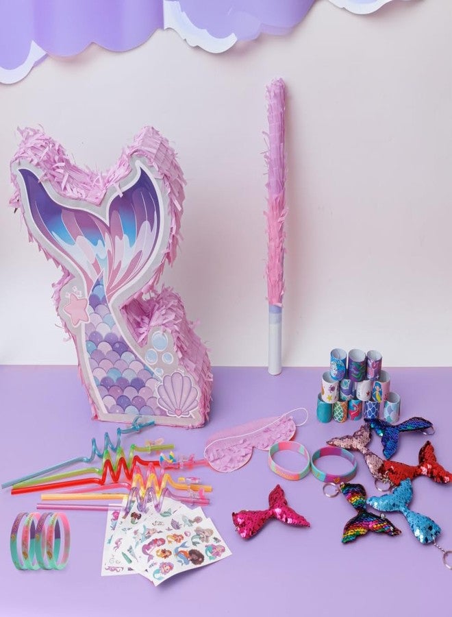 FIGEPO Mermaid Pinata Set - Birthday Party Favors for Girls with Mermaid Tail Pinata, Stickers, Slap Bracelet, Keychain, Silicone Bands and Straws - 44 Pack - Image 5