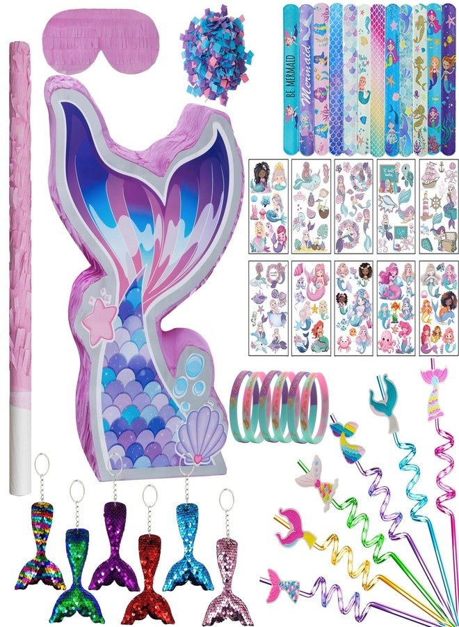 FIGEPO Mermaid Pinata Set - Birthday Party Favors for Girls with Mermaid Tail Pinata, Stickers, Slap Bracelet, Keychain, Silicone Bands and Straws - 44 Pack - Image 1
