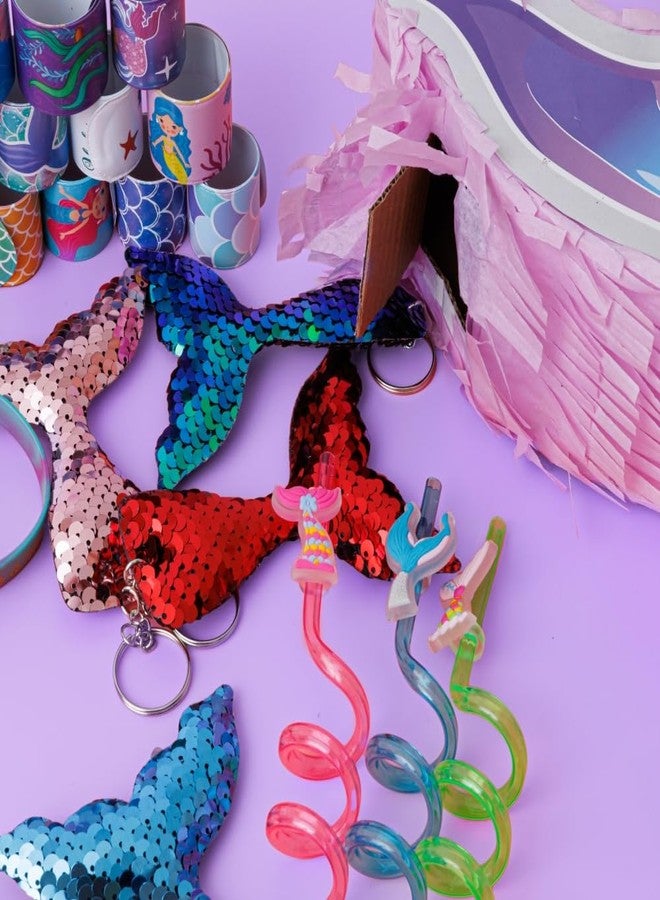 FIGEPO Mermaid Pinata Set - Birthday Party Favors for Girls with Mermaid Tail Pinata, Stickers, Slap Bracelet, Keychain, Silicone Bands and Straws - 44 Pack - Image 3