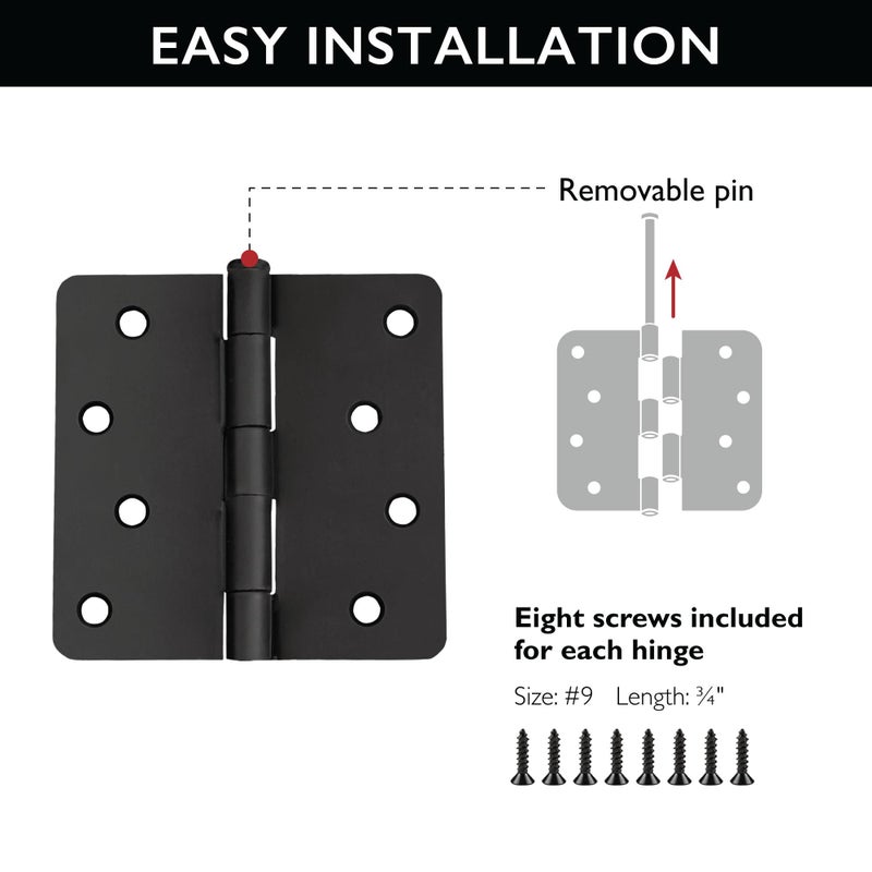 Design House Interior Door Hinges 4.0 In. X 4.0 In. Rounded 1/4-In. Radius Steel Pre-Lubricated Door Hardware Matte Black 10-Pack 188953 - Image 3