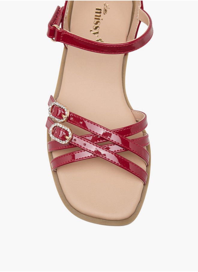 Little Missy Girls Buckle Detail Flat Sandals with Hook and Loop Closure  - Image 3