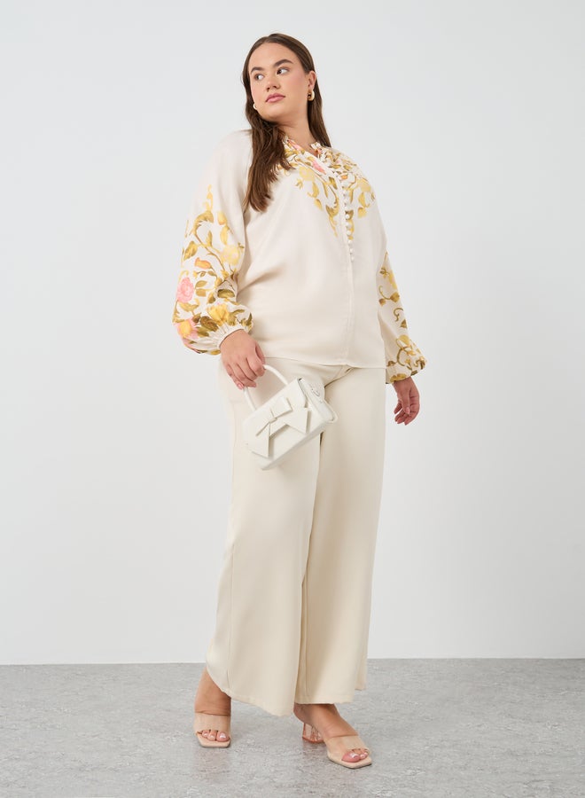 Styli Plus Size Floral Print Balloon Sleeve Shirt with Self-Covered Buttons - Image 2