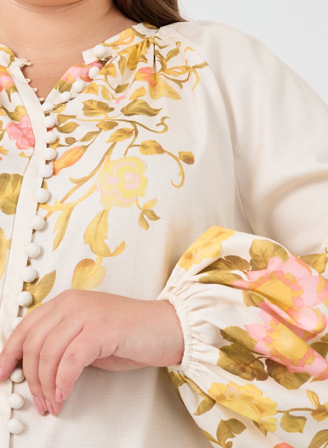 Styli Plus Size Floral Print Balloon Sleeve Shirt with Self-Covered Buttons - Image 3