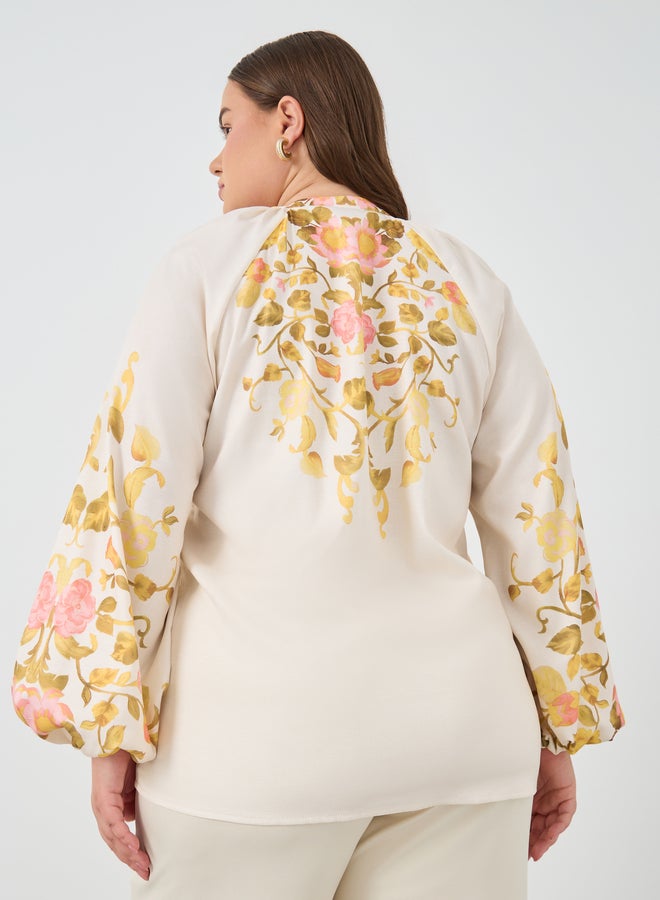 Styli Plus Size Floral Print Balloon Sleeve Shirt with Self-Covered Buttons - Image 4