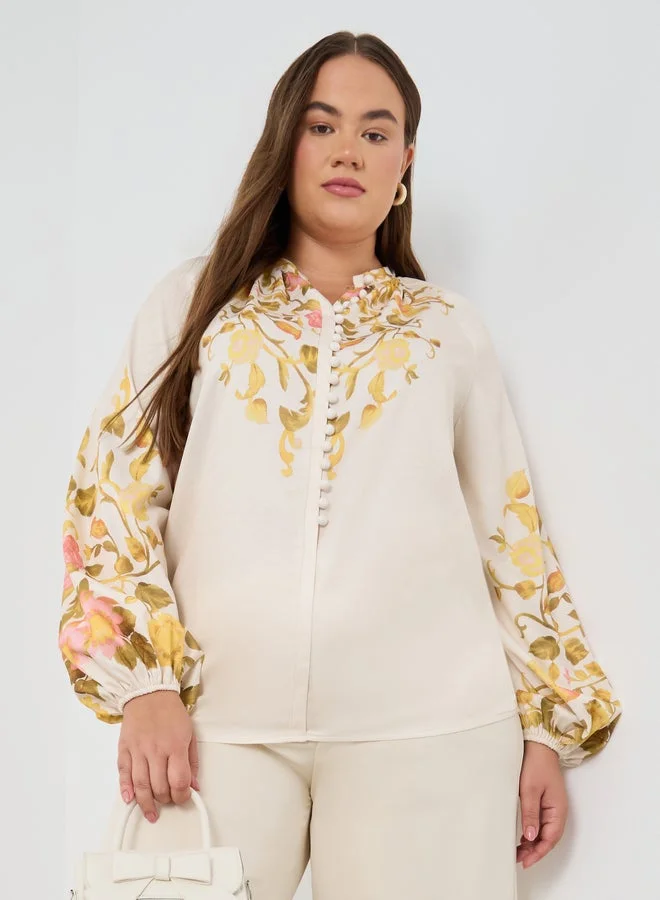 Styli Plus Size Floral Print Balloon Sleeve Shirt with Self-Covered Buttons