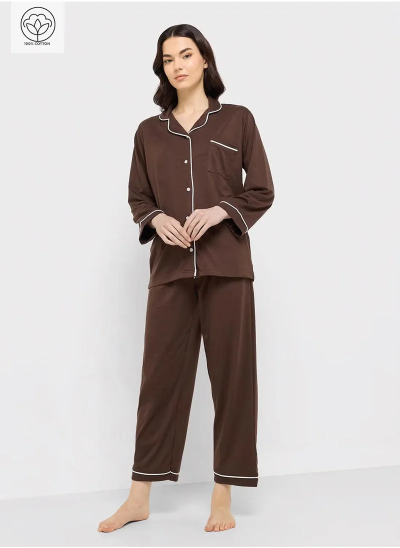 Ginger Cotton Button Up Shirt & Pyjama Set