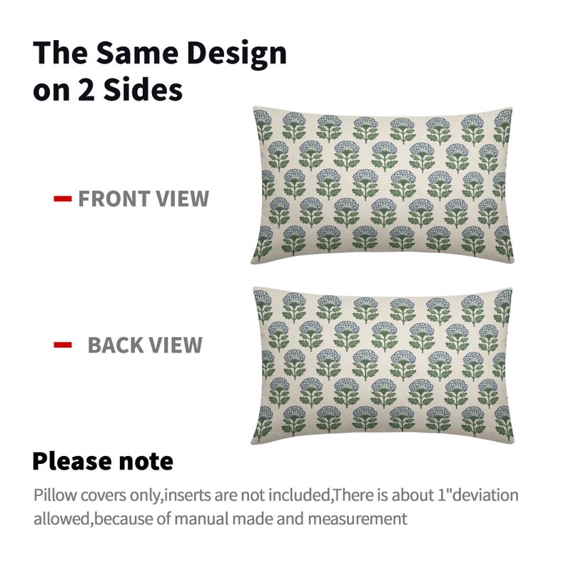 Aytipun Blue Green Floral Block Print Pillow Covers 12x20 Set of 2 Flower Pattern Cream Spring Summer Decorative Throw Pillowcases Outdoor Rustic Farmhouse Cushion Cases Decor for Home Couch Sofa Bed - Image 4