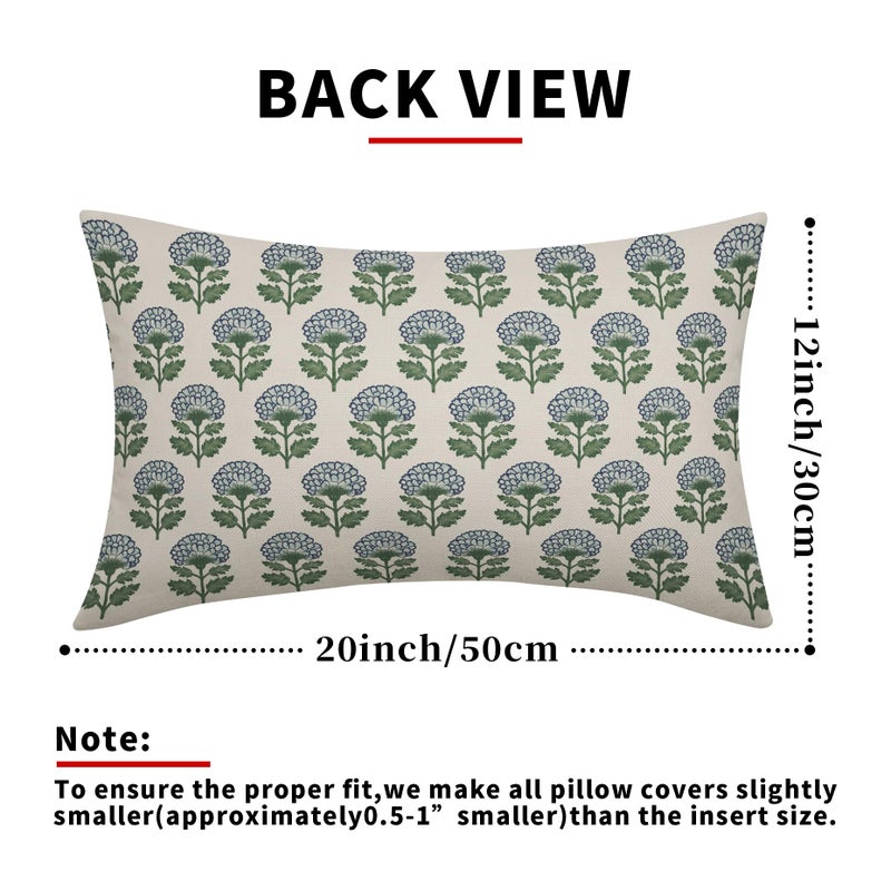 Aytipun Blue Green Floral Block Print Pillow Covers 12x20 Set of 2 Flower Pattern Cream Spring Summer Decorative Throw Pillowcases Outdoor Rustic Farmhouse Cushion Cases Decor for Home Couch Sofa Bed - Image 3