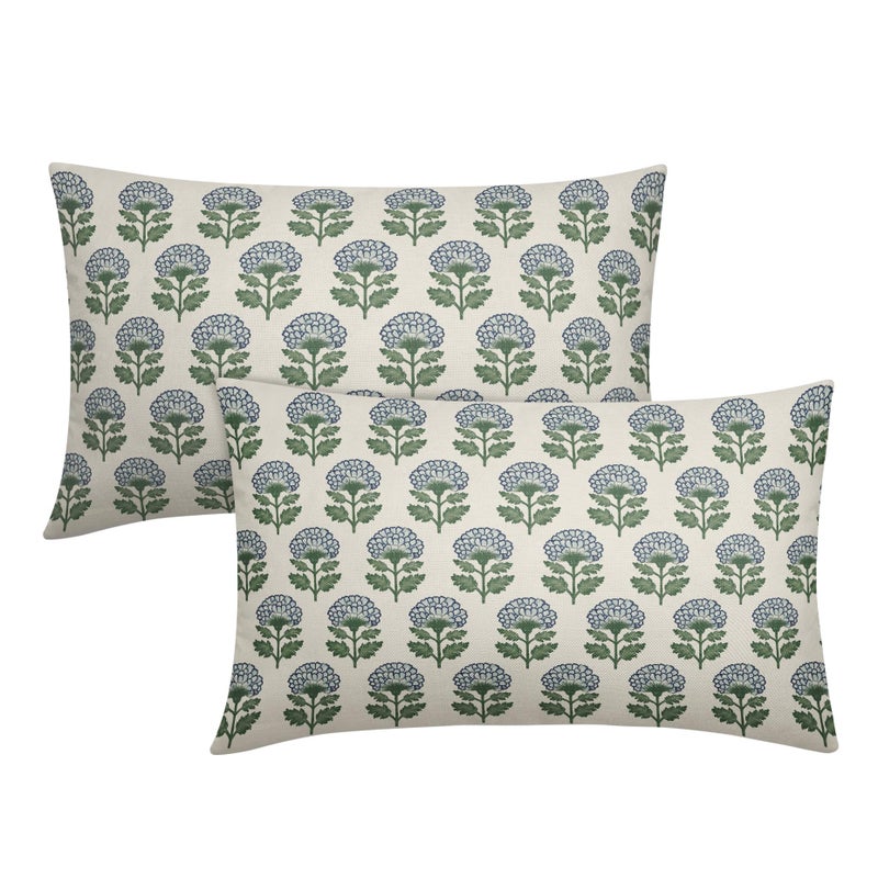 Aytipun Blue Green Floral Block Print Pillow Covers 12x20 Set of 2 Flower Pattern Cream Spring Summer Decorative Throw Pillowcases Outdoor Rustic Farmhouse Cushion Cases Decor for Home Couch Sofa Bed - Image 1