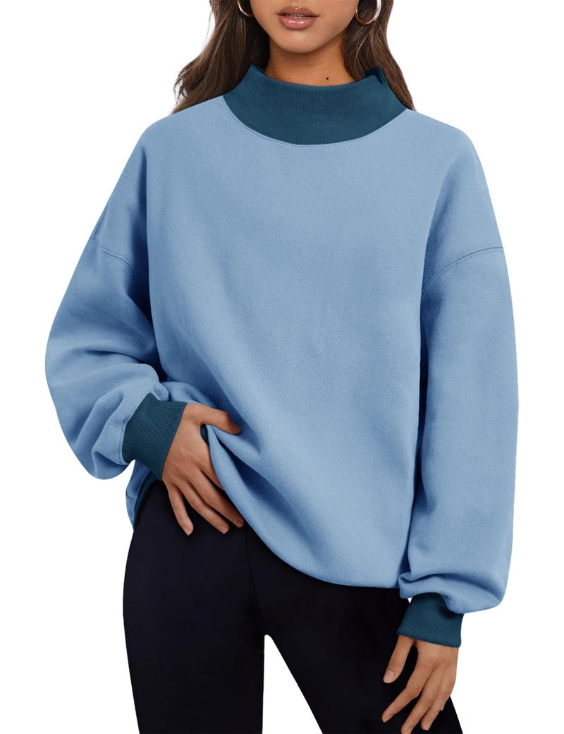PRETTODAY Women's Oversized Sweatshirts Color Block Turtleneck Fleece Pullover Tops Long Sleeve Loose Fall Fashion Outfits Blue - Image 1