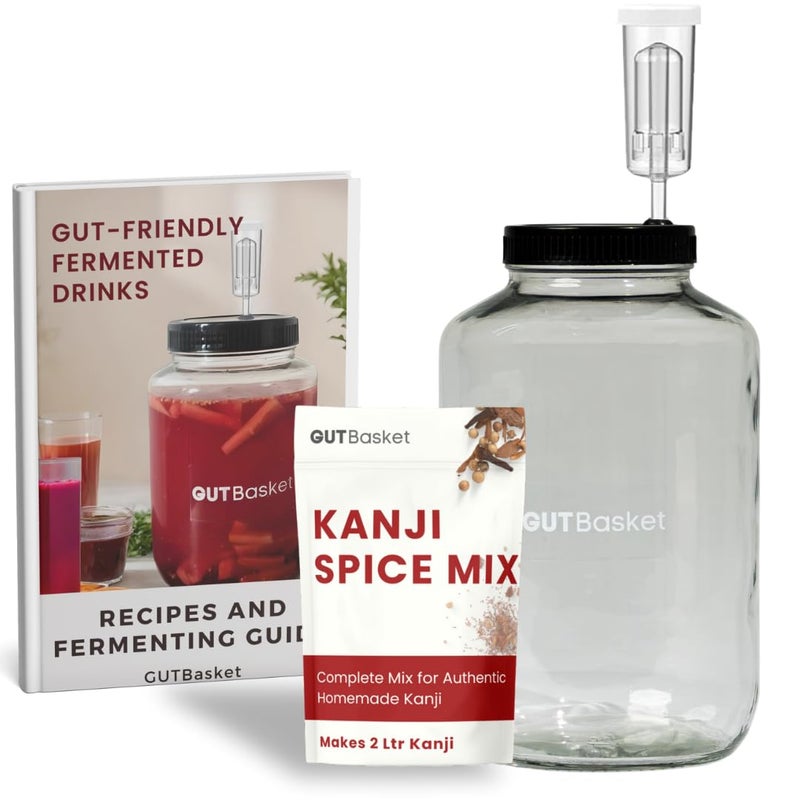 Gutbasket Kanji Jar Kit Glass Jar for Kanji 4L with Airlock Grommet Lid Recipe Book Sea Salt Perfect Fermentation Jar for Kanji Gut Health - Image 1
