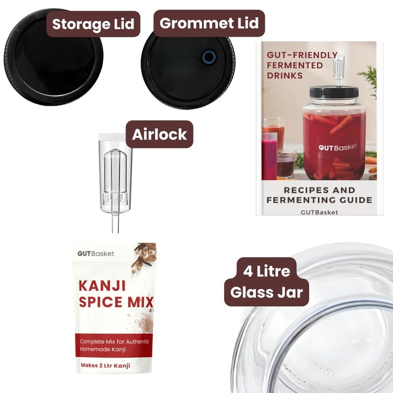 Gutbasket Kanji Jar Kit Glass Jar for Kanji 4L with Airlock Grommet Lid Recipe Book Sea Salt Perfect Fermentation Jar for Kanji Gut Health - Image 2