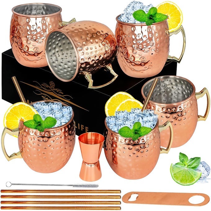 MOSCOW MULE COPPER MUGS SET OF 6 COPPER PLATED STAINLESS STEEL MUG 18OZ FOR CHILLED DRINKS 6 PACK