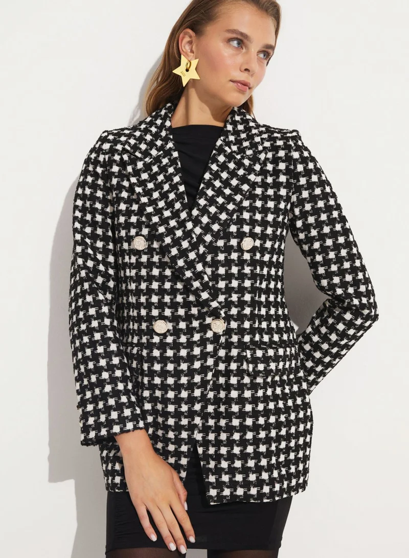 JUNE Checked Button Detail Blazer