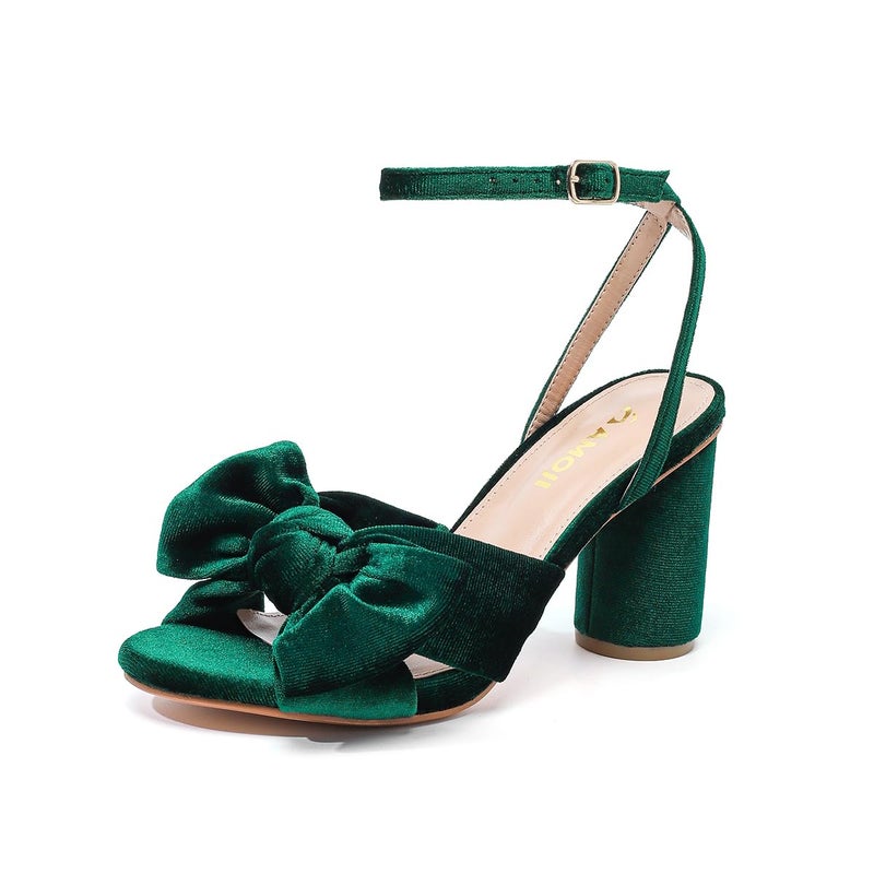 Amoji Women Bow Heel Lady Dressy Sandal Heels 302 Velvetgreen Size 8 women - Image 1