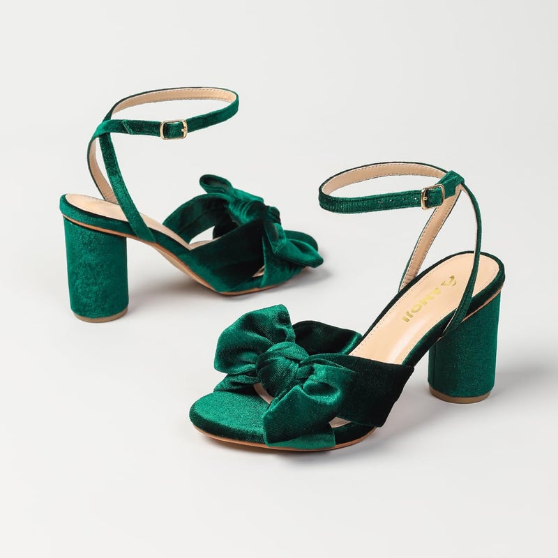 Amoji Women Bow Heel Lady Dressy Sandal Heels 302 Velvetgreen Size 8 women - Image 5