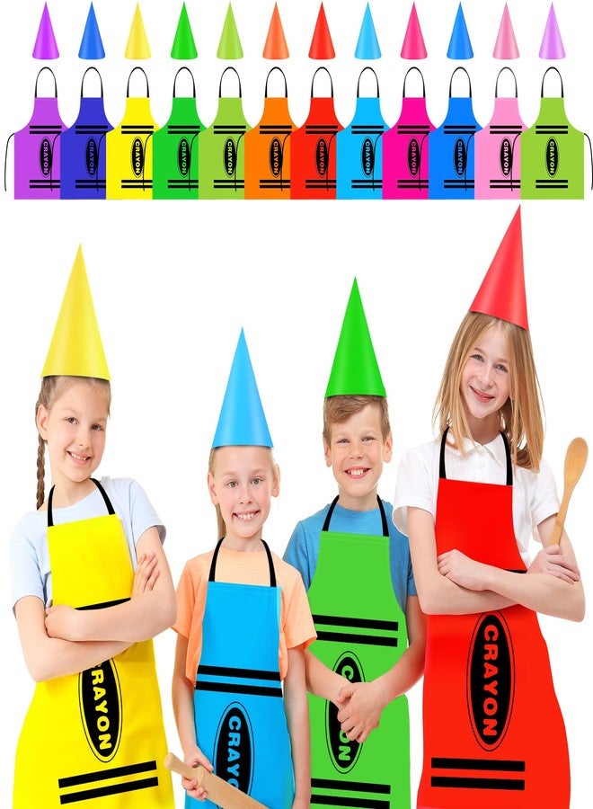 Bensbl Crayon Costume for Kids 12 Pcs Aprons and 12 Pcs Hats in 12 Bright Colors for Halloween Costume Party, Cosplay Event, School Play, Drama - Image 1