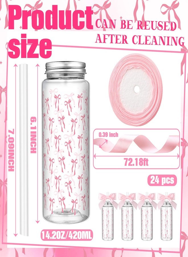Singhoow 24 Pcs Pink Bow Plastic Cups with Straw and Lid 14 oz Cute Disposable Cups Ribbon Bow Cups Coquette Coffee Cups Pink Reusable Cups for Birthday Bachelorette Wedding Shower Party Supplies - Image 2