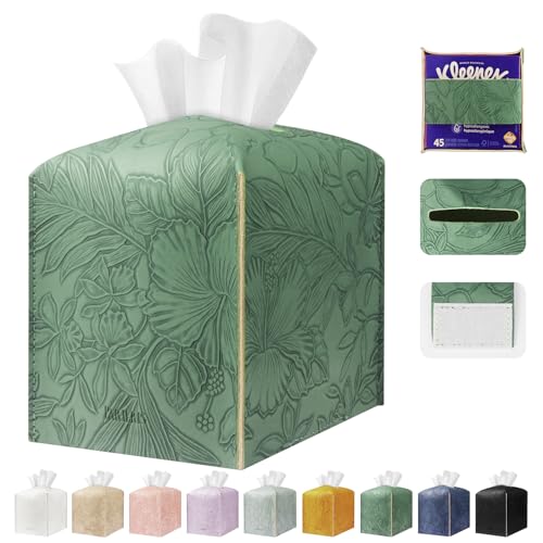 PARIERIS Tissue Box Holder Cover Square Tissue Cube Cover PU Leather Tissue Organizer with Bottom Belt for Bathroom, Tabletop, Kitchen, Night Stands, Office, Home, Car (1, VibrantGreen) - Image 1