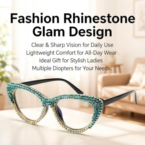 ICARA Oprah style Bling Rhinestone Cat Eye Reading Glasses for Women Shiny Diamond Blue Light Blocking Ladies Readers (blue/ab, 2.5, x) - Image 3