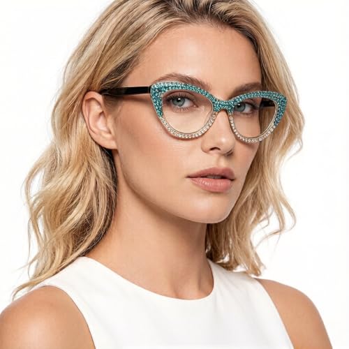 ICARA Oprah style Bling Rhinestone Cat Eye Reading Glasses for Women Shiny Diamond Blue Light Blocking Ladies Readers (blue/ab, 2.5, x) - Image 2