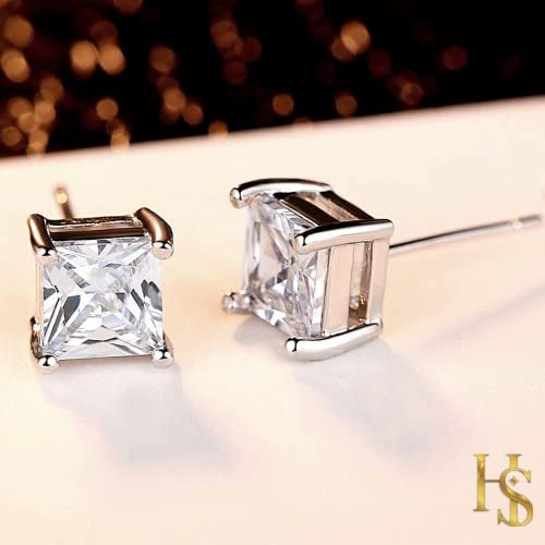 HIGHSPARK 925 Silver Solitaire Square Earrings for Women | 92.5 Sterling Silver and Princess Cut Diamond like Brilliance Sparkling Zirconia for that Stunning Shine | Lovely Gift - Silver 7mm - Image 4