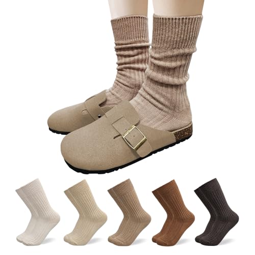 HOMSSEM Ribbed Socks Women Cozy Socks – 5 Pair Cute Womens Crew Socks (Cotton Blend, B. Scent of Wood) - Image 1