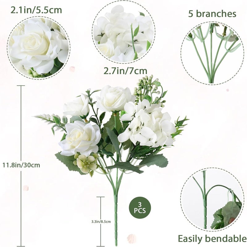 SOMYTING 3 Pcs Artificial Rose Silk Flowers, Faux Roses Fake Flowers Bouquet for Wedding Party Centerpiece Garden Home Decor (White) - Image 2