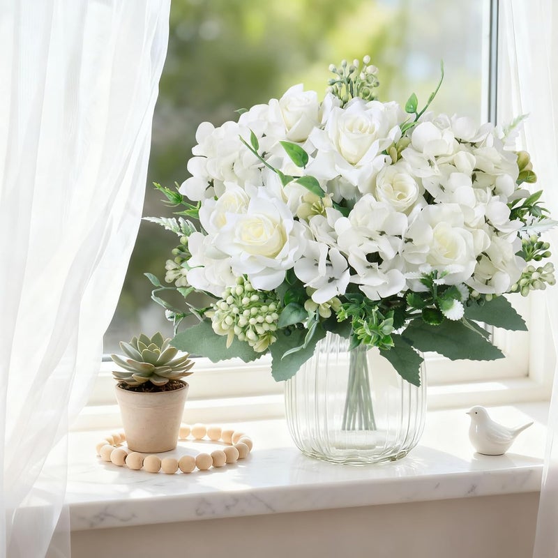SOMYTING 3 Pcs Artificial Rose Silk Flowers, Faux Roses Fake Flowers Bouquet for Wedding Party Centerpiece Garden Home Decor (White) - Image 3