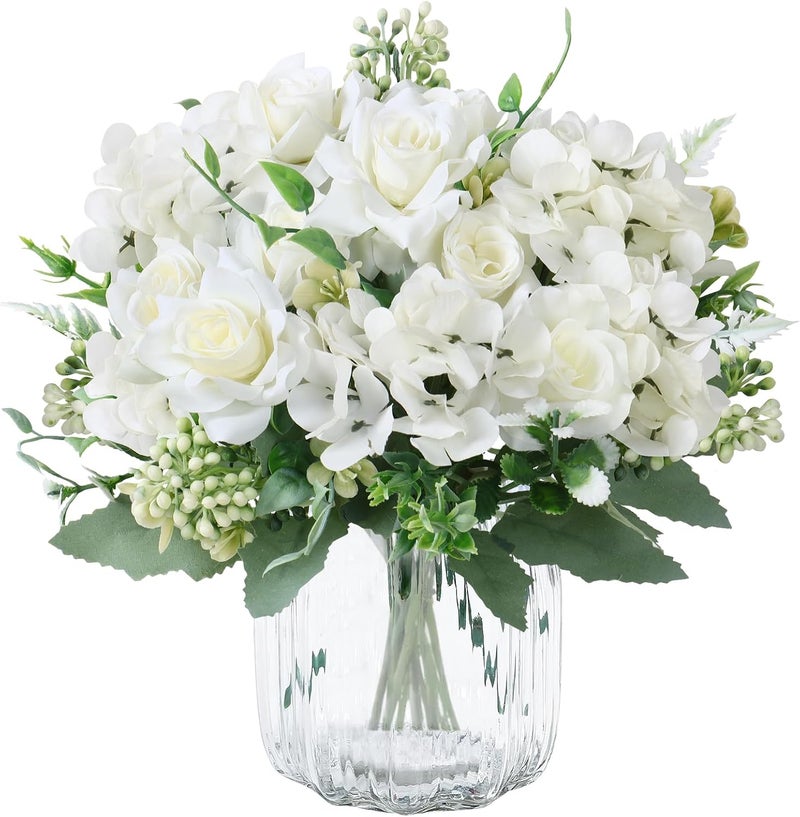 SOMYTING 3 Pcs Artificial Rose Silk Flowers, Faux Roses Fake Flowers Bouquet for Wedding Party Centerpiece Garden Home Decor (White) - Image 1