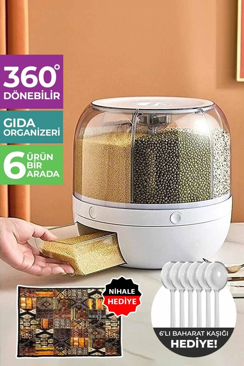 Pikas 6 kg Capacity Food and Legumes, 6 Compartments, 360 Degree Rotating Organizer, Spice Spoon and Trivet Gift
