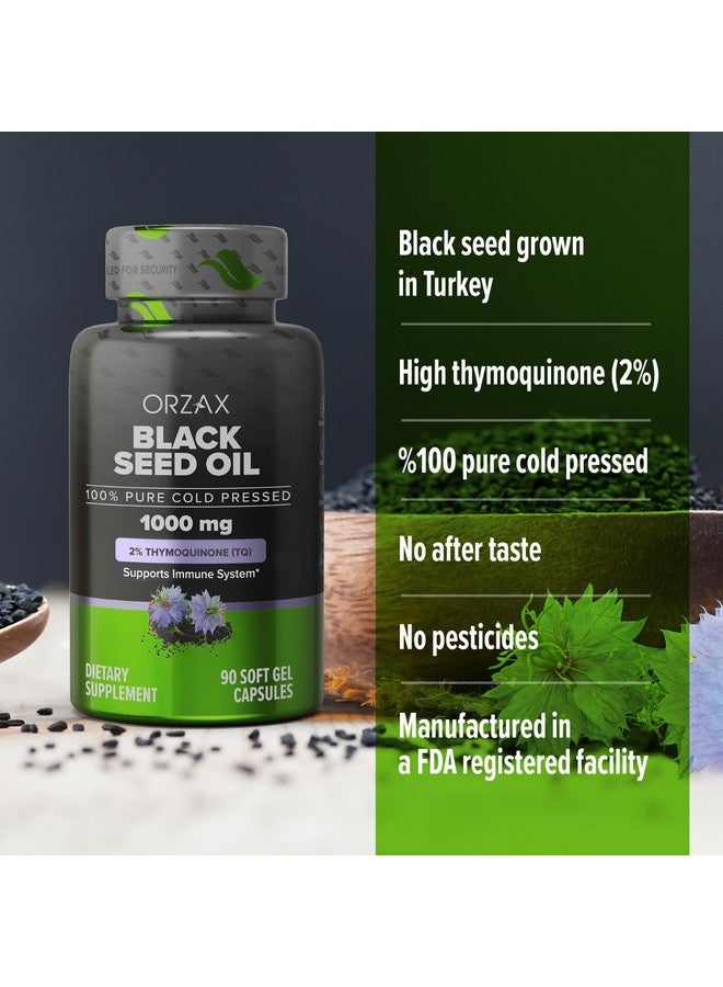 ORZAX Black Seed Oil Cold Pressed 100% Pure | Non-GMO - Rich in Omega 3 6 9 & Thymoquinone | Black Cumin Nigella Sativa Oil for Immune Support, Hair, Skin, Face (1000 mg - 90 Softgel Capsules) - Image 2