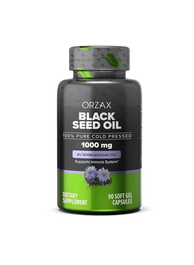 ORZAX Black Seed Oil Cold Pressed 100% Pure | Non-GMO - Rich in Omega 3 6 9 & Thymoquinone | Black Cumin Nigella Sativa Oil for Immune Support, Hair, Skin, Face (1000 mg - 90 Softgel Capsules) - Image 1