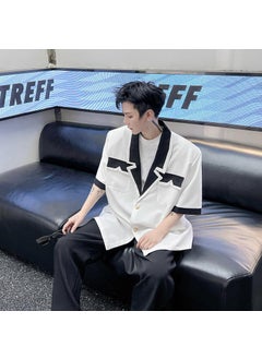 Generic 2023 Contrast Trim Blazer Collar Mens Casual Shirt Black  - Image 2