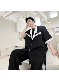 Generic 2023 Contrast Trim Blazer Collar Mens Casual Shirt Black  - Image 1