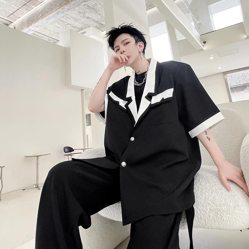 2023 Contrast Trim Blazer Collar Mens Casual Shirt Black  - Image 1