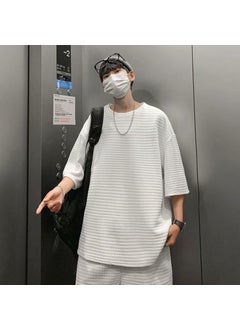 Waffle Sports Suit for Boys with a Set of Handsome Short-Sleeved T-Shirts Trendy Brand Ins Summer Heavyweight White top