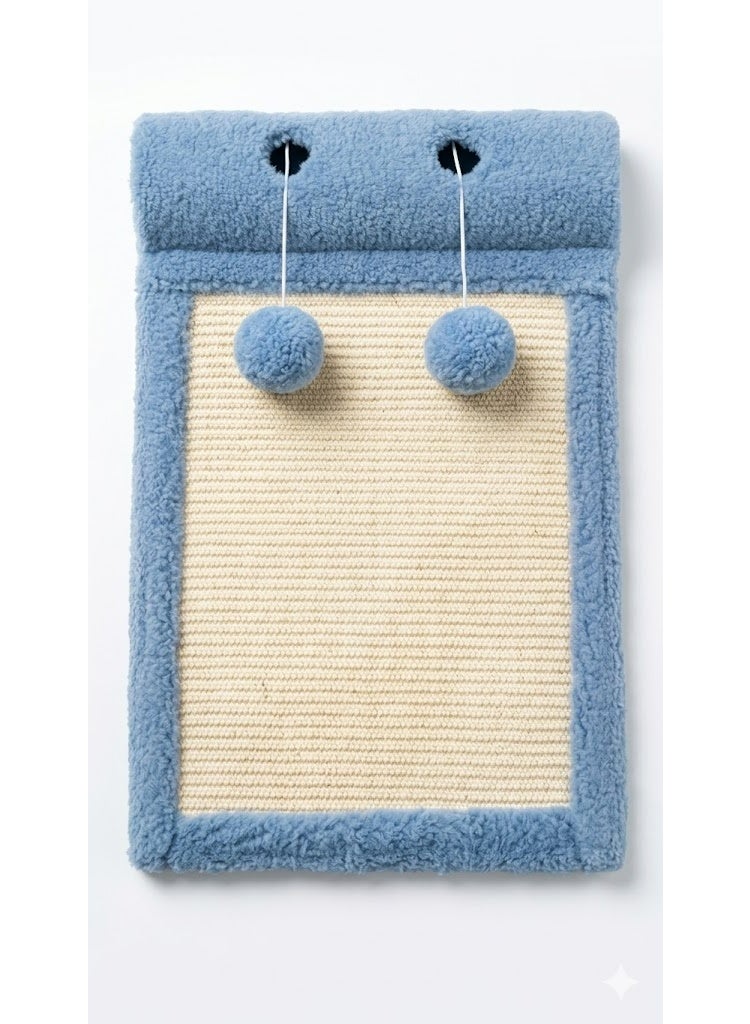 Wall-Mounted Cat Scratcher with Sisal Mat, Plush Border and Pom-Poms, Blue