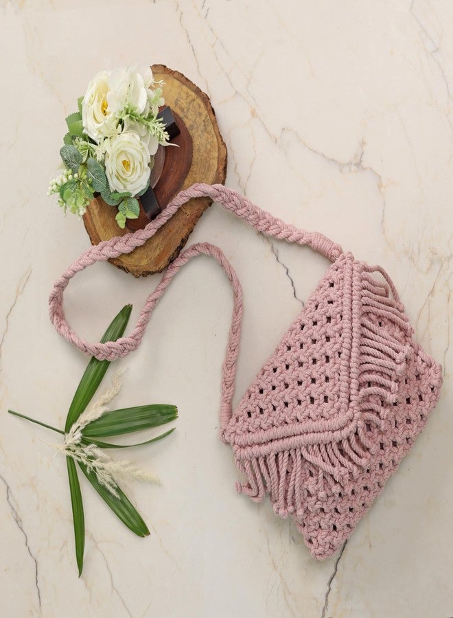 LABZIO Women's Handcrafted Macrame Bag with Fringe | Boho Chic 100% Cotton | Lightweight and Eco-Friendly ((Blush Pink)) - Image 2