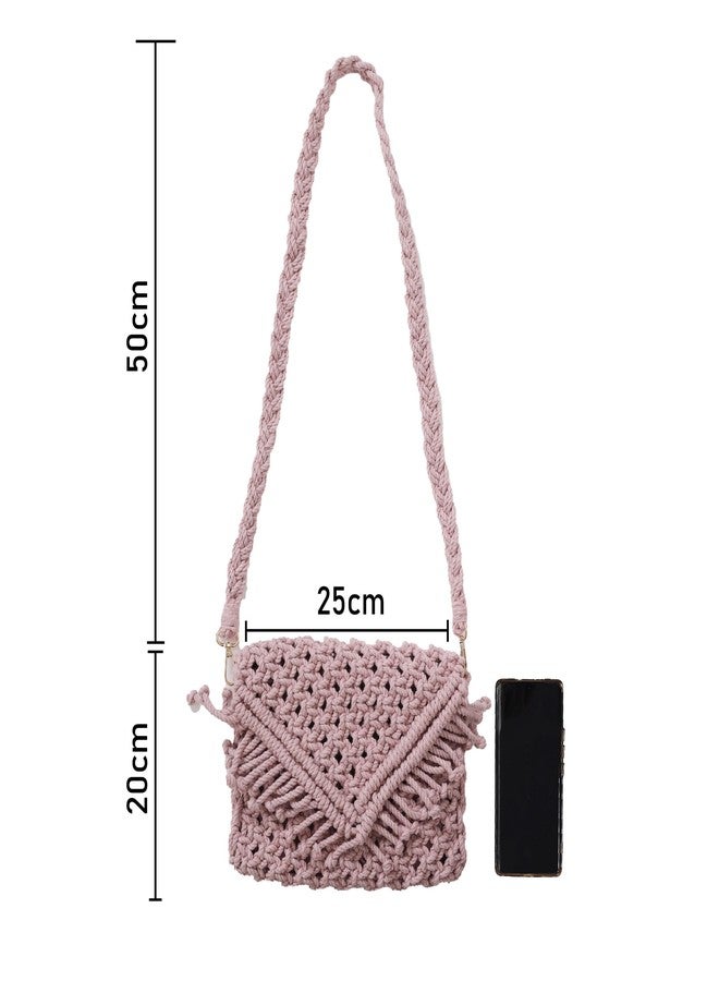 LABZIO Women's Handcrafted Macrame Bag with Fringe | Boho Chic 100% Cotton | Lightweight and Eco-Friendly ((Blush Pink)) - Image 3
