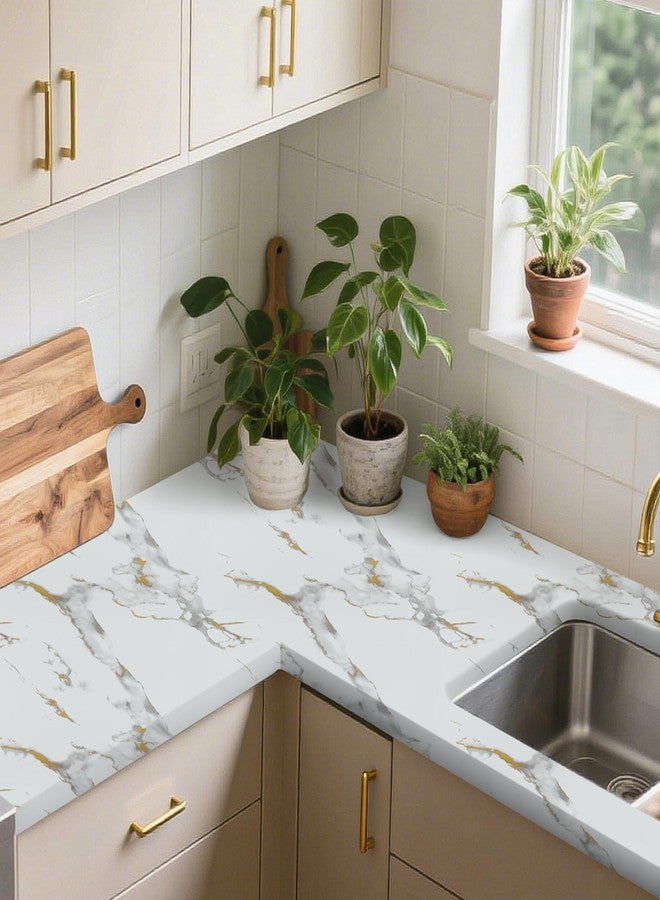 TANONE White Marble Contact Paper for Countertops Waterproof Wallpaper Peel and Stick for Cabinets Removable Matte Gold White Marble Vinyl Wrap for Kitchen Bathroom Counter 17.8"x 236" - Image 2