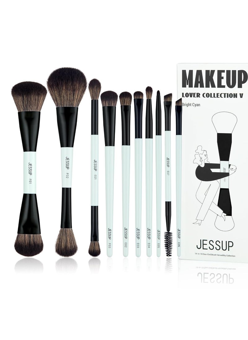 Jessup Jessup Makeup Brushes Set 10pcs, Double Sided Foundation Contour Blush Highlight Blending Eyebrow Brush Eyeshadow Eyeliner Concealer Brush, Bright Cyan Cruelty Free Cosmetic Tools T500  - Image 1