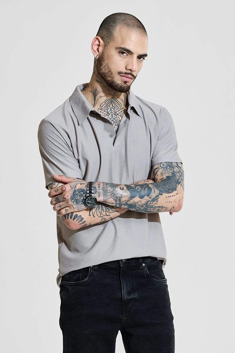 SNITCH Light Grey Textured Polo Slim Fit T-Shirt