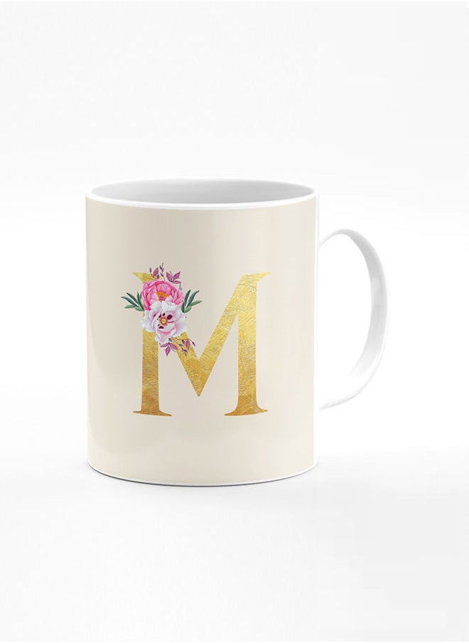 Stylizedd Designer Printed Coffee Mug 11oz Ceramic Personalised Gift Mugs Cup -Custom Monogram Initial Letter Floral Pattern Alphabet - M (Albescent White)  - Image 1