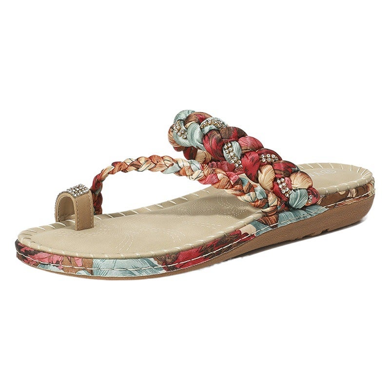 2025 New Bohemian Fashion Wooden Beads Rhinestone Bohemian Wedge Plaid Large Size Sandals for Women - Image 2