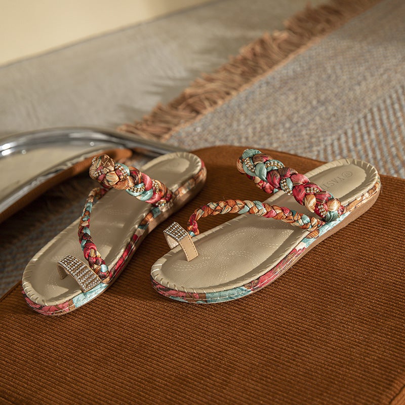 2025 New Bohemian Fashion Wooden Beads Rhinestone Bohemian Wedge Plaid Large Size Sandals for Women - Image 1